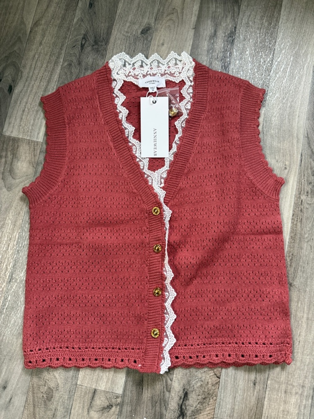Anniewear Crochet-Trim Sleeveless Knit Tank Top - Rust/mauve